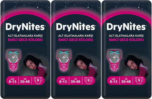 Drynites Emici Gece Külodu/Külot Bez Kız 8-13 Yaş 30-48KG Large 27 Adet 3PK*9 Alt Islatmalara Karşı