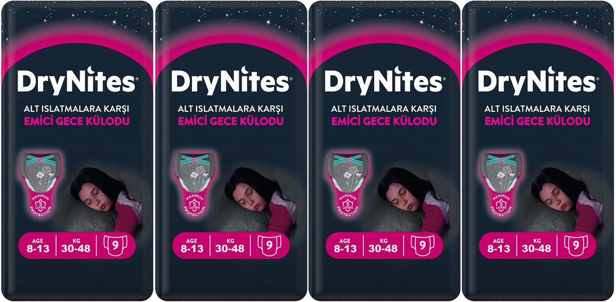 Drynites Emici Gece Külodu/Külot Bez Kız 8-13 Yaş 30-48KG Large 36 Adet 4PK*9 Alt Islatmalara Karşı