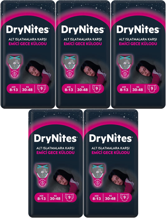 Drynites Emici Gece Külodu/Külot Bez Kız 8-13 Yaş 30-48KG Large 45 Adet 5PK*9 Alt Islatmalara Karşı
