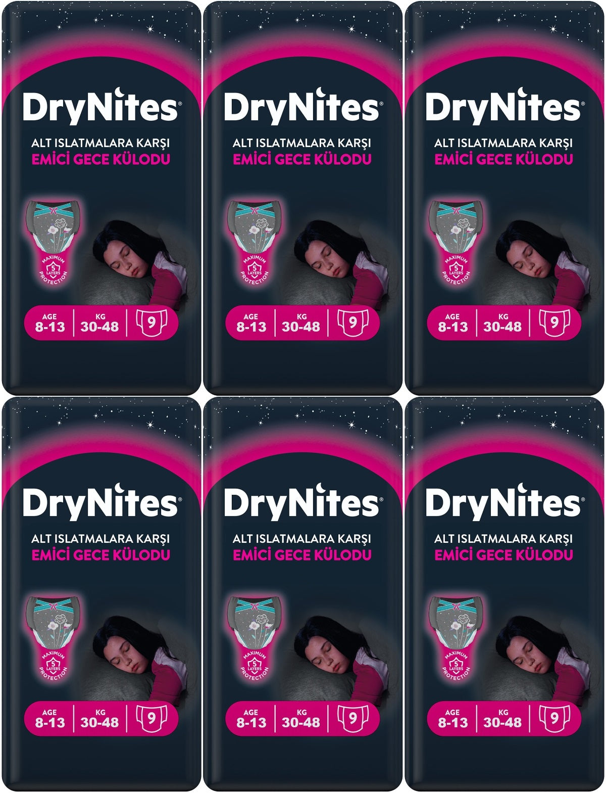 Drynites Emici Gece Külodu/Külot Bez Kız 8-13 Yaş 30-48KG Large 54 Adet 6PK*9 Alt Islatmalara Karşı