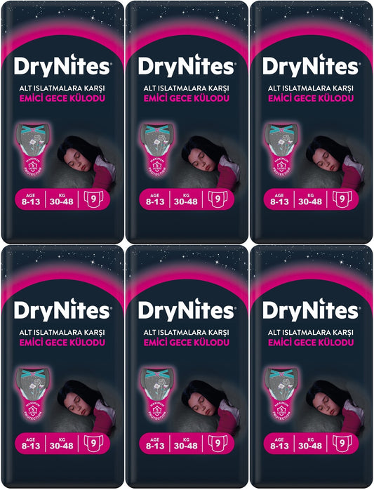 Drynites Emici Gece Külodu/Külot Bez Kız 8-13 Yaş 30-48KG Large 54 Adet 6PK*9 Alt Islatmalara Karşı