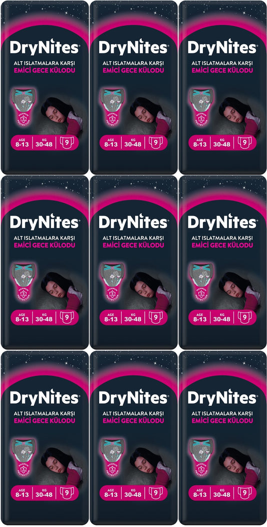 Drynites Emici Gece Külodu/Külot Bez Kız 8-13 Yaş 30-48KG Large 81 Adet 9PK*9 Alt Islatmalara Karşı