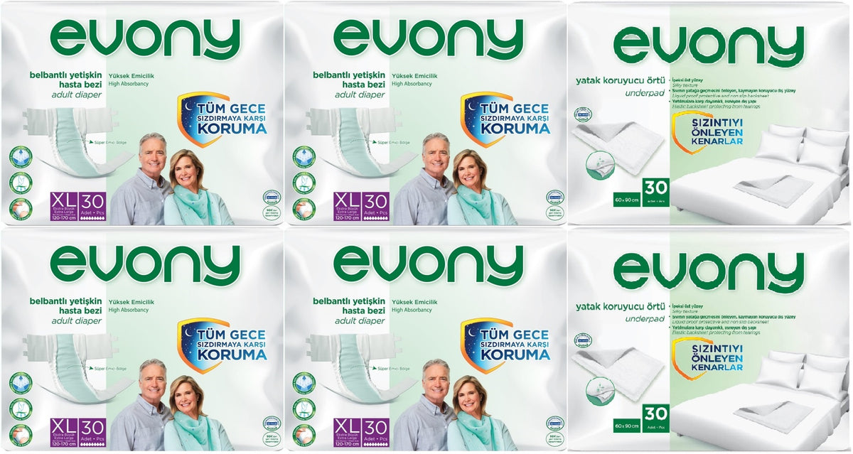 Evony Yetişkin Bezi Bel Bantlı Tekstil Yüzey Ekstra Büyük 120 Adet+Yatak Koruyucu Örtü 60 Adet