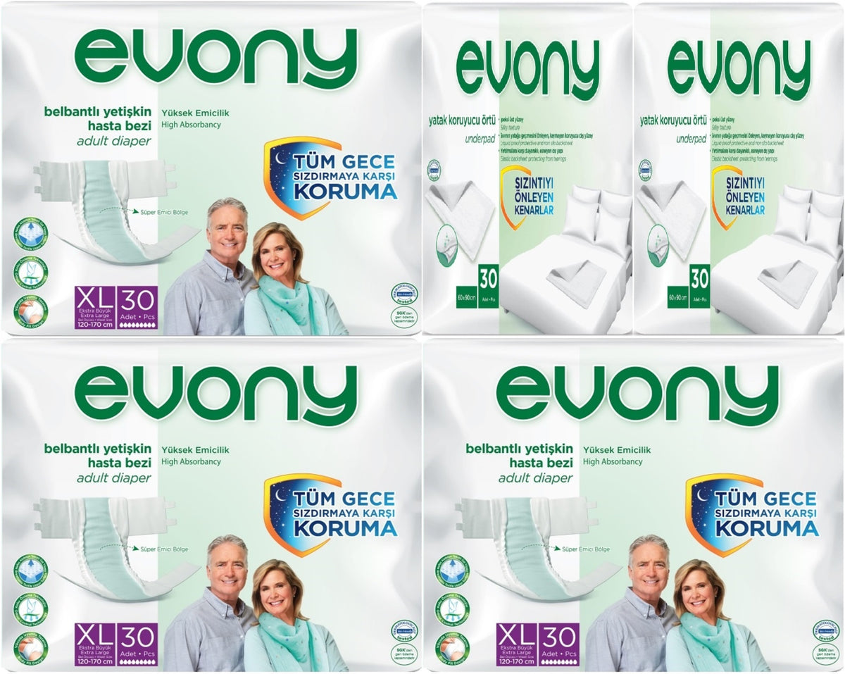 Evony Yetişkin Bezi Bel Bantlı Tekstil Yüzey Ekstra Büyük 90 Adet+ Yatak Koruyucu Örtü 60 Adet