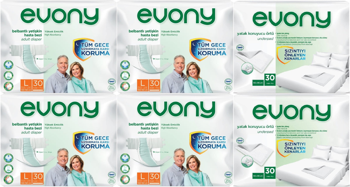 Evony Yetişkin Bezi Bel Bantlı Tekstil Yüzey L-Büyük 120 Adet + Yatak Koruyucu Örtü 60 Adet