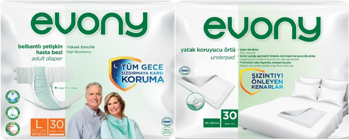 Evony Yetişkin Bezi Bel Bantlı Tekstil Yüzey L-Büyük 30 Adet + Yatak Koruyucu Örtü 30 Adet