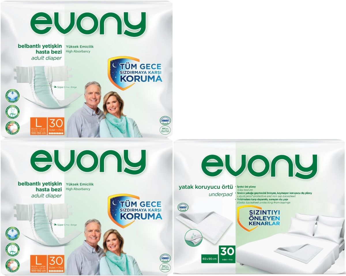 Evony Yetişkin Bezi Bel Bantlı Tekstil Yüzey L-Büyük 60 Adet + Yatak Koruyucu Örtü 30 Adet