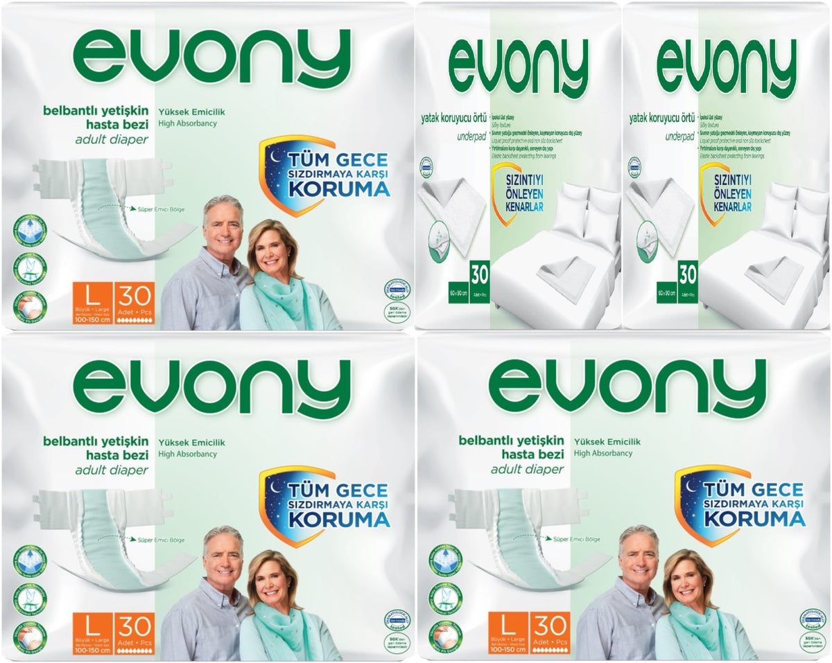 Evony Yetişkin Bezi Bel Bantlı Tekstil Yüzey L-Büyük 90 Adet + Yatak Koruyucu Örtü 60 Adet