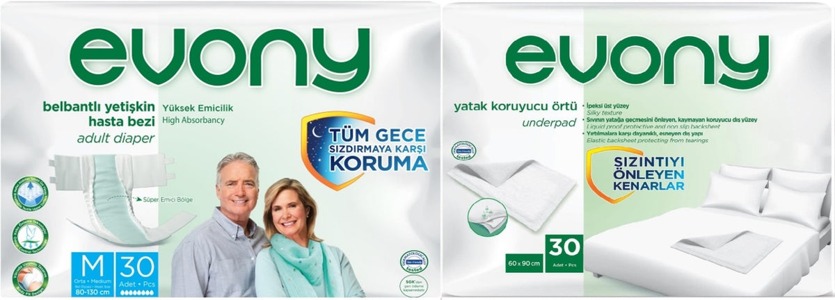 Evony Yetişkin Bezi Bel Bantlı Tekstil Yüzey Orta 30 Adet + Yatak Koruyucu Örtü 30 Adet