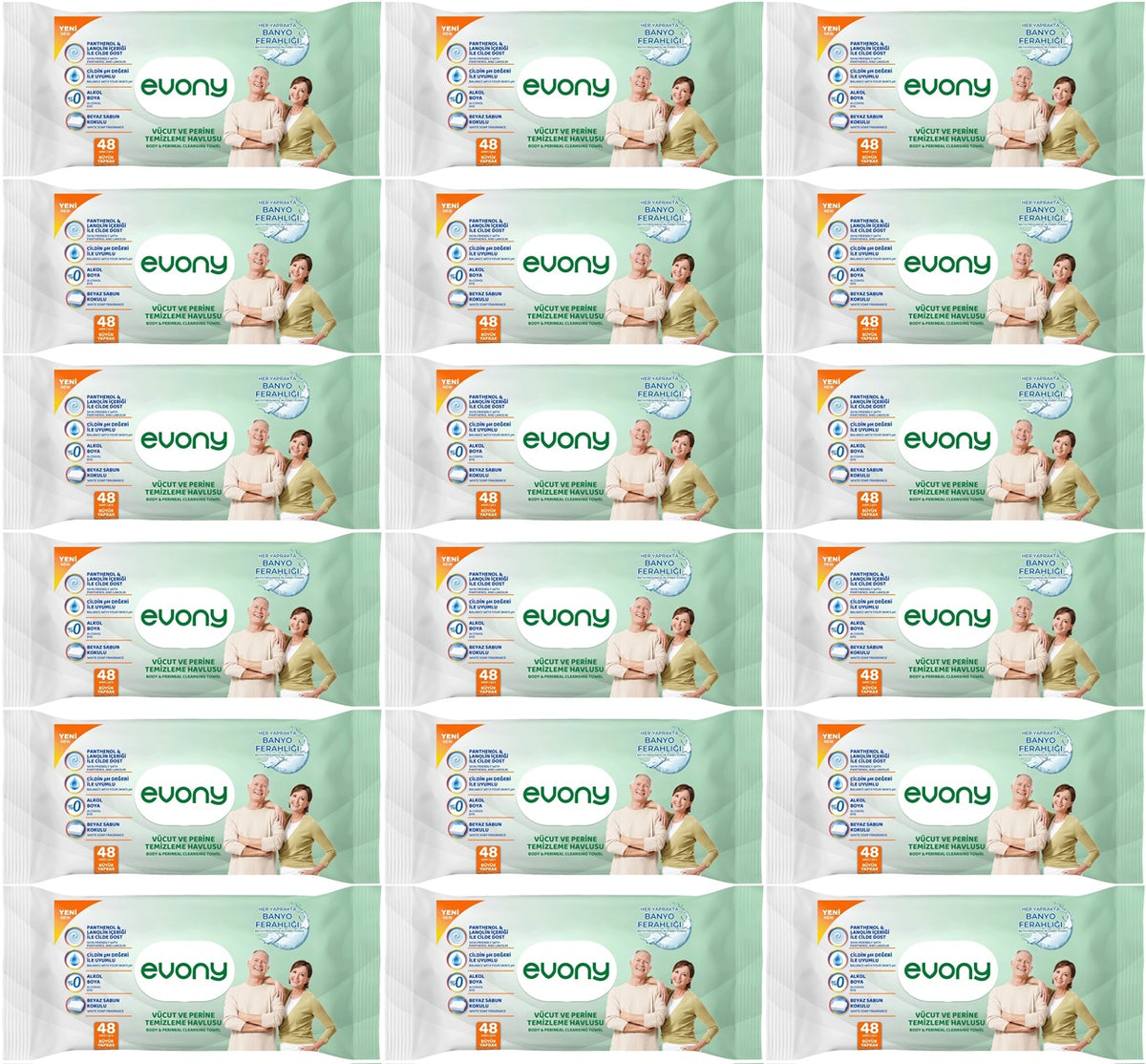 Evony Yetişkin Vücut Perine Temizleme Islak Mendil Havlu 48 Yaprak XL Banyo Ferahlığı (18 Li Set)