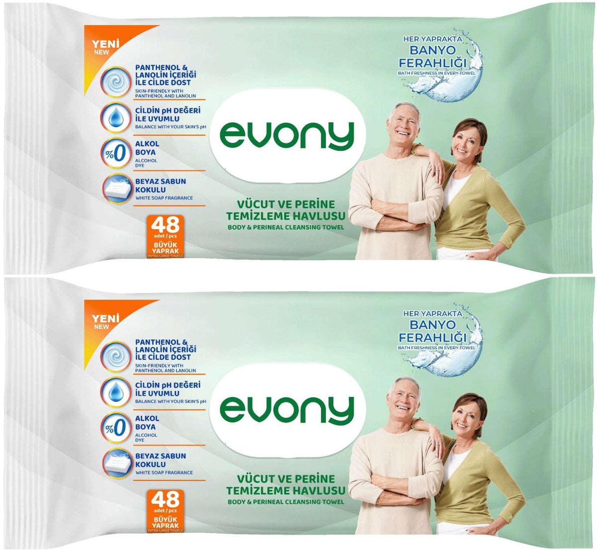 Evony Yetişkin Vücut Perine Temizleme Islak Mendil Havlu 48 Yaprak XL Banyo Ferahlığı (2 Li Set)