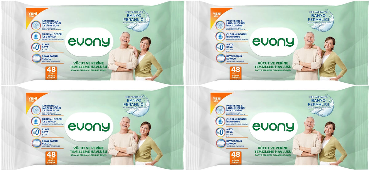 Evony Yetişkin Vücut Perine Temizleme Islak Mendil Havlu 48 Yaprak XL Banyo Ferahlığı (4 Lü Set)