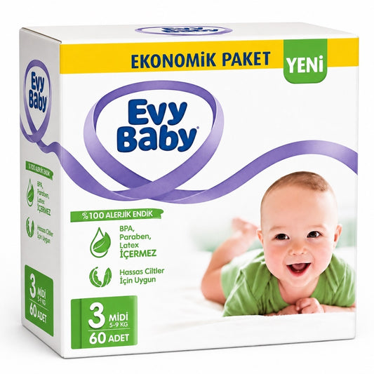 Evy Baby Bebek Bezi 3 Beden 5-9 KG Midi 60 Adet Süper Ekonomik Pk