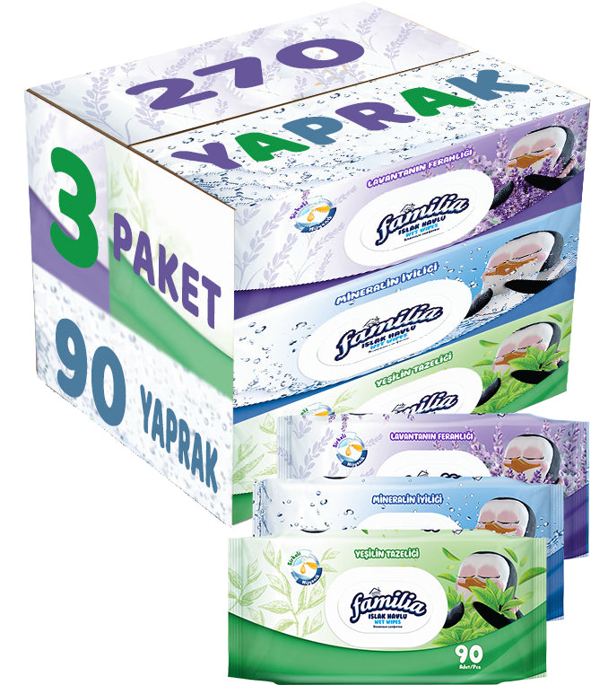 Familia Islak Havlu Mendil 90 Yaprak Karma 3 Lü Set (Lavanta-Mineral-Yeşilin Tazeliği) 270 Yaprak