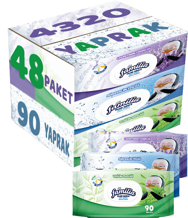 Familia Islak Havlu Mendil 90 Yaprak Karma 48 Li Set (Lavanta-Mineral-Yeşilin Tazeliği) 4320 Yaprak