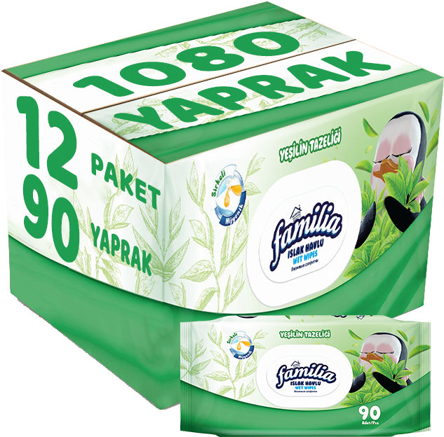 Familia Islak Havlu Mendil Yeşilin Tazeliği 90 Yaprak Plastik Kapaklı 12 Li Set 1080 Yaprak