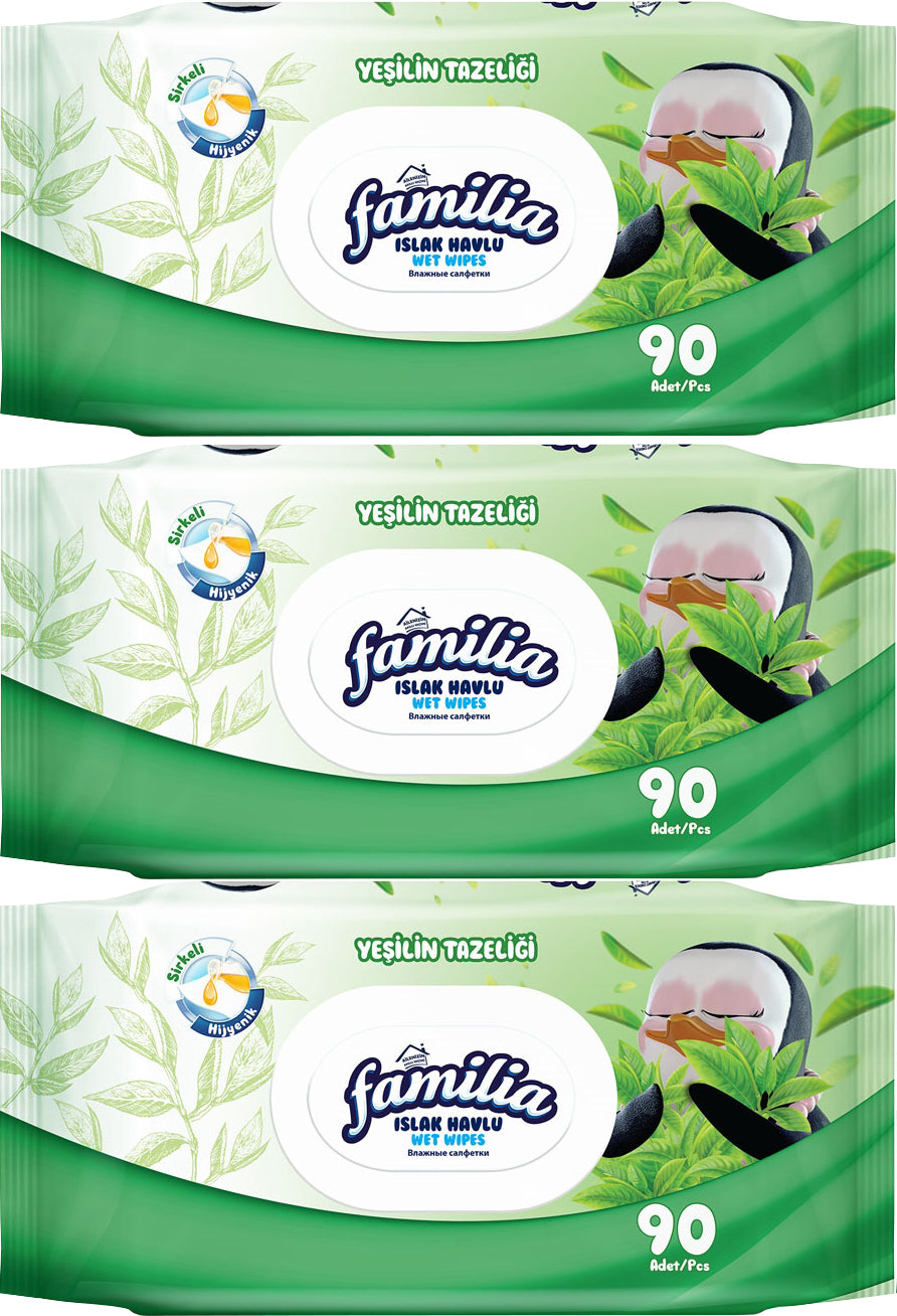 Familia Islak Havlu Mendil Yeşilin Tazeliği 90 Yaprak Plastik Kapaklı 3 Lü Set 270 Yaprak