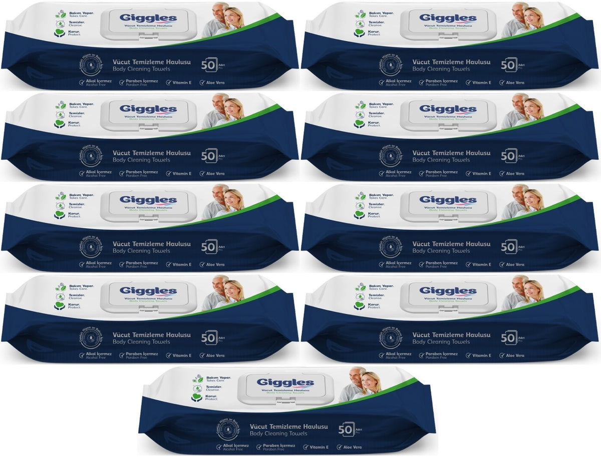 Giggles Yetişkin Vücut Temizleme Islak Mendil Havlu 450 Yaprak XL (Beyaz Sabun Kokulu) (9PK*50)