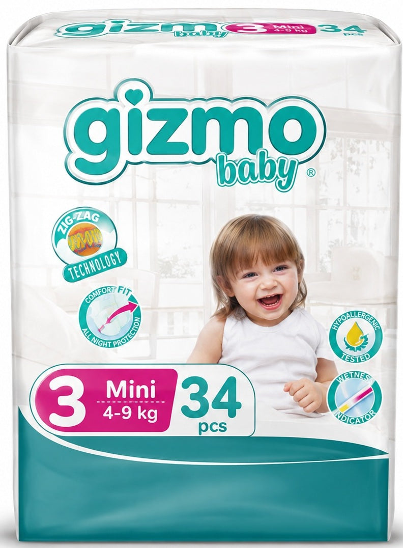 Gizmo Bebek Bezi 3 Beden 4-9+ KG Midi 34 Adet Ekonomik Pk