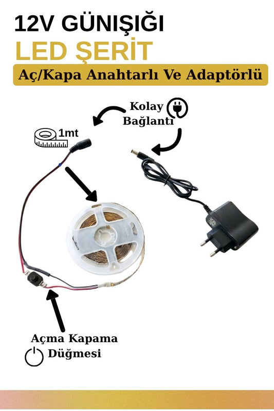 Mandaş 1 Metre Günışığı Şerit Led 3000K Mutfak Tezgah Üstü Dolap Altı İçin 12V Tam Set