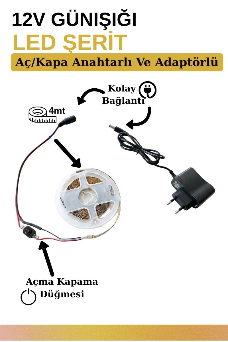 Mandaş 4 Metre Günışığı Şerit Led 3000K Mutfak Tezgah Üstü Dolap Altı İçin 12V Tam Set
