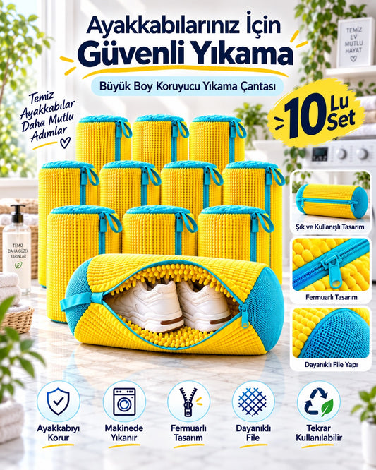 Mandaş Büyük Boy Ayakkabı Yıkama Torba File Özel Makarna Kumaş Makinede Deforme Önleyici (10 Lu Set)