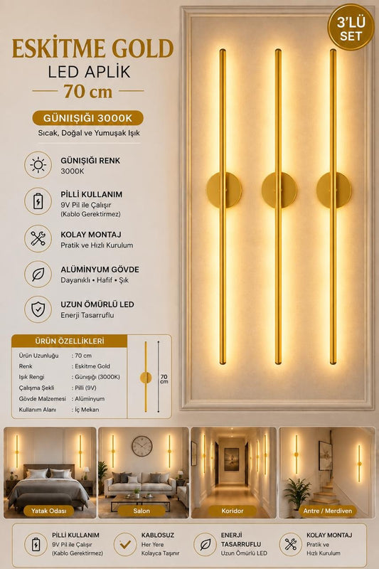 MANDAŞ Eskitme Gold Gün Işığı 70 CM Led Duvar Aplik 3 Adet Pilli Kablosuz Kullanım Tak-Çalıştır