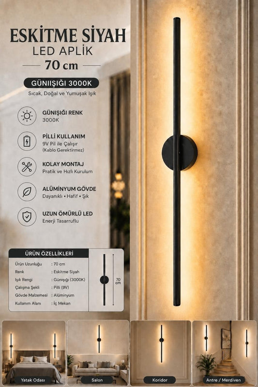 MANDAŞ Siyah Gün Işığı 70 CM Led Duvar Aplik 1 Adet|Pilli Kablosuz Kullanım Tak-Çalıştır