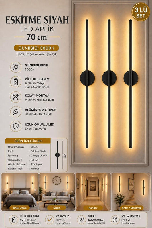 MANDAŞ Siyah Gün Işığı 70 CM Led Duvar Aplik 3 Adet|Pilli Kablosuz Kullanım Tak-Çalıştır