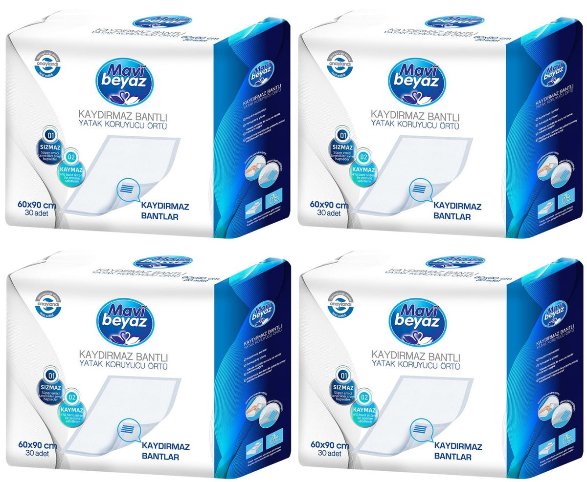 Mavi Beyaz Yetişkin Alt Açma Yatak Koruyucu Örtü 60*90CM 120 Adet (4PK*30) Kaydırmaz Bantlı