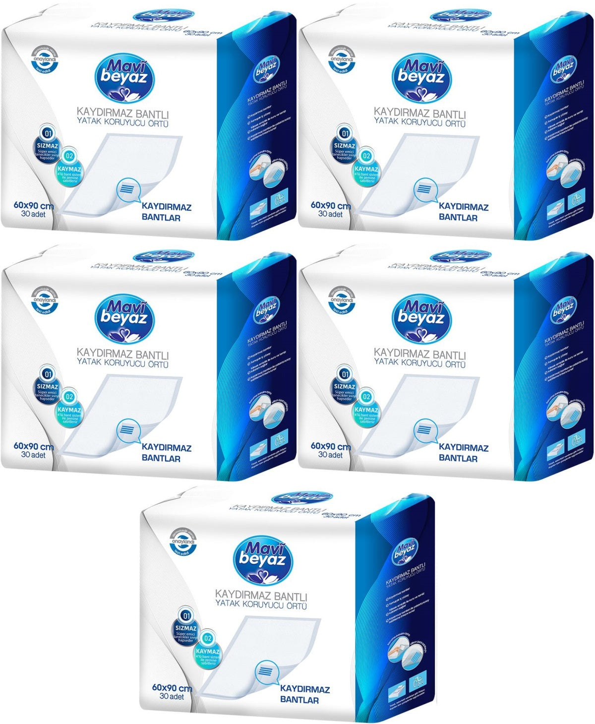 Mavi Beyaz Yetişkin Alt Açma Yatak Koruyucu Örtü 60*90CM 150 Adet (5PK*30) Kaydırmaz Bantlı