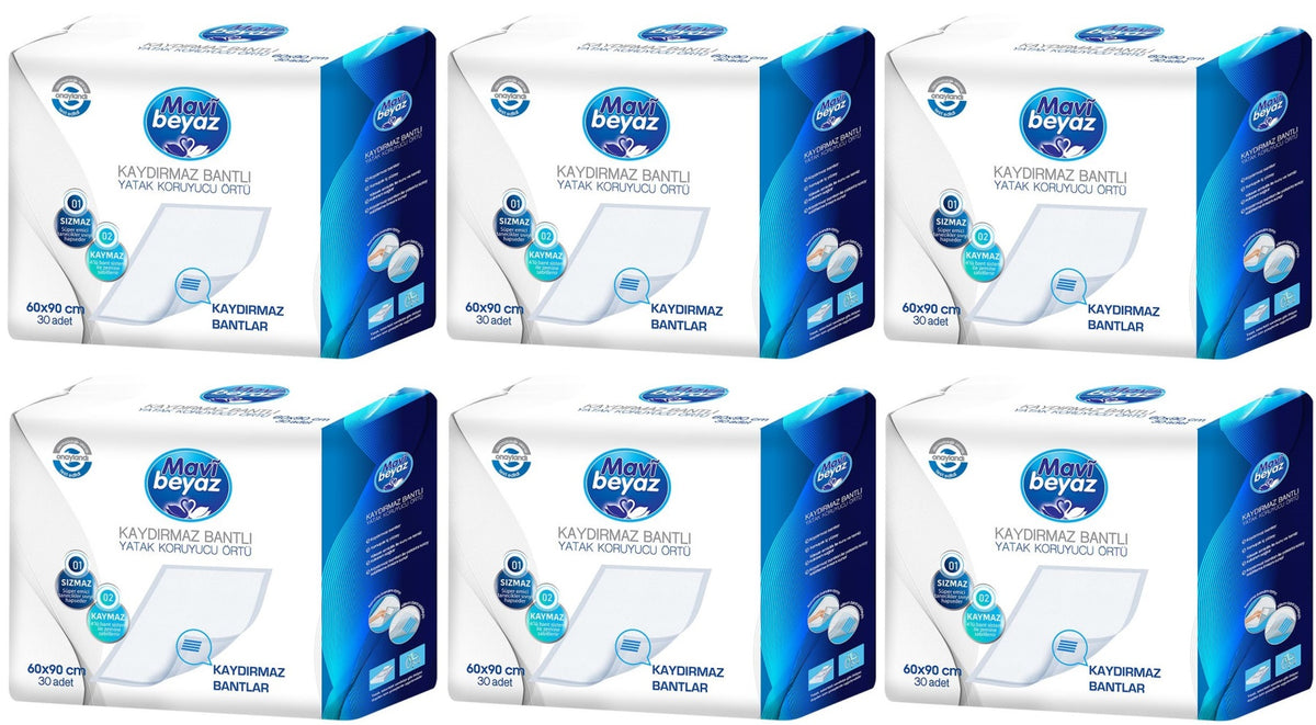 Mavi Beyaz Yetişkin Alt Açma Yatak Koruyucu Örtü 60*90CM 180 Adet (6PK*30) Kaydırmaz Bantlı