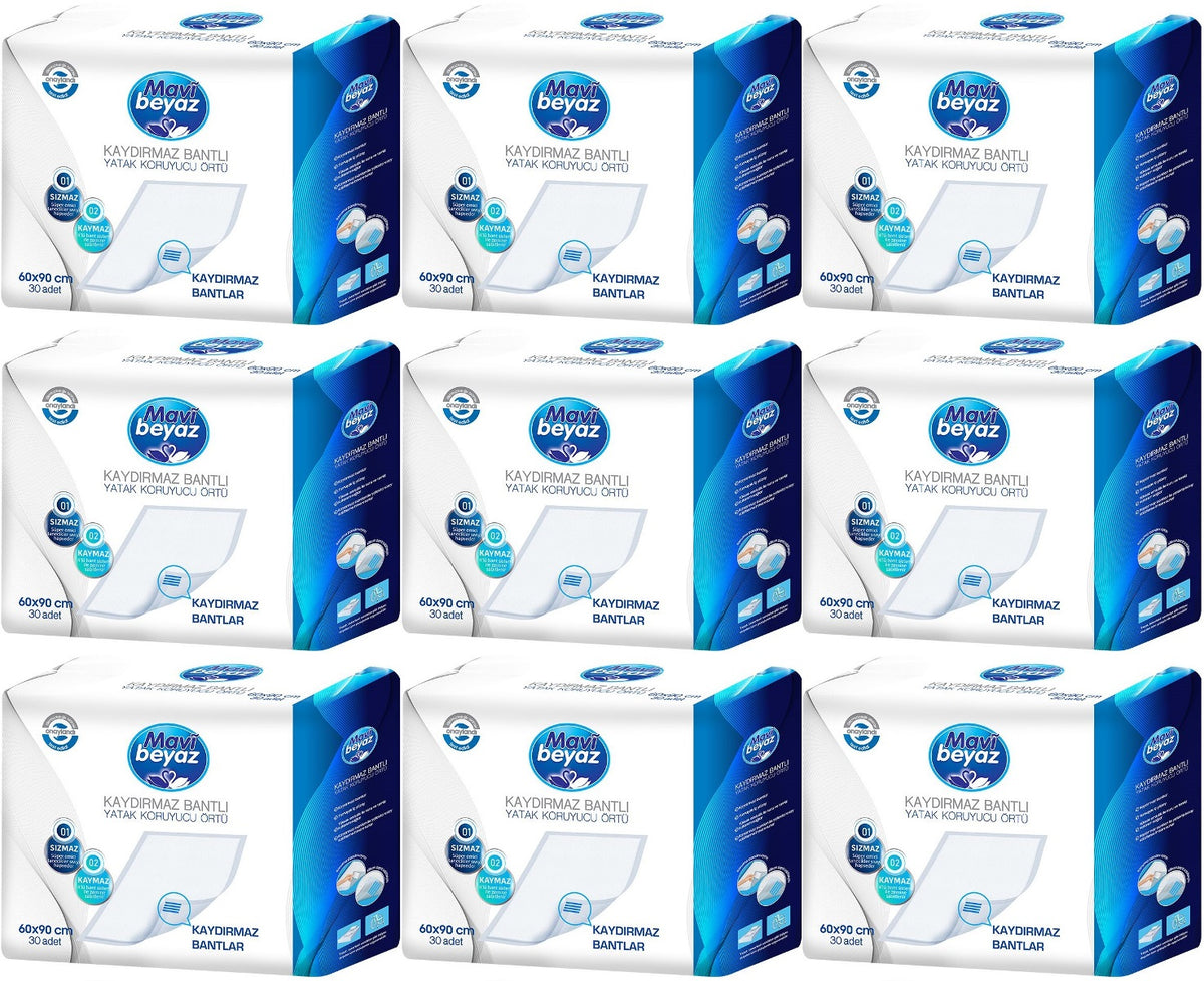 Mavi Beyaz Yetişkin Alt Açma Yatak Koruyucu Örtü 60*90CM 270 Adet (9PK*30) Kaydırmaz Bantlı