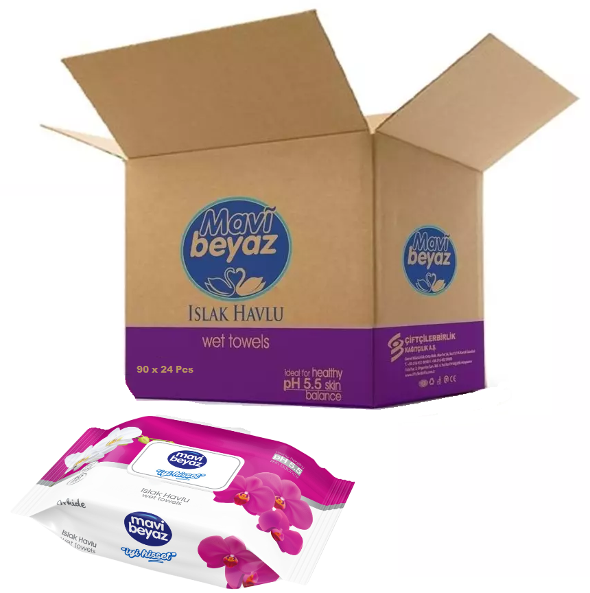 Mavi Beyaz Islak Havlu Mendil 90 Yaprak Orkide 24 Lü Set Plastik Kapaklı  (2160 Yaprak)