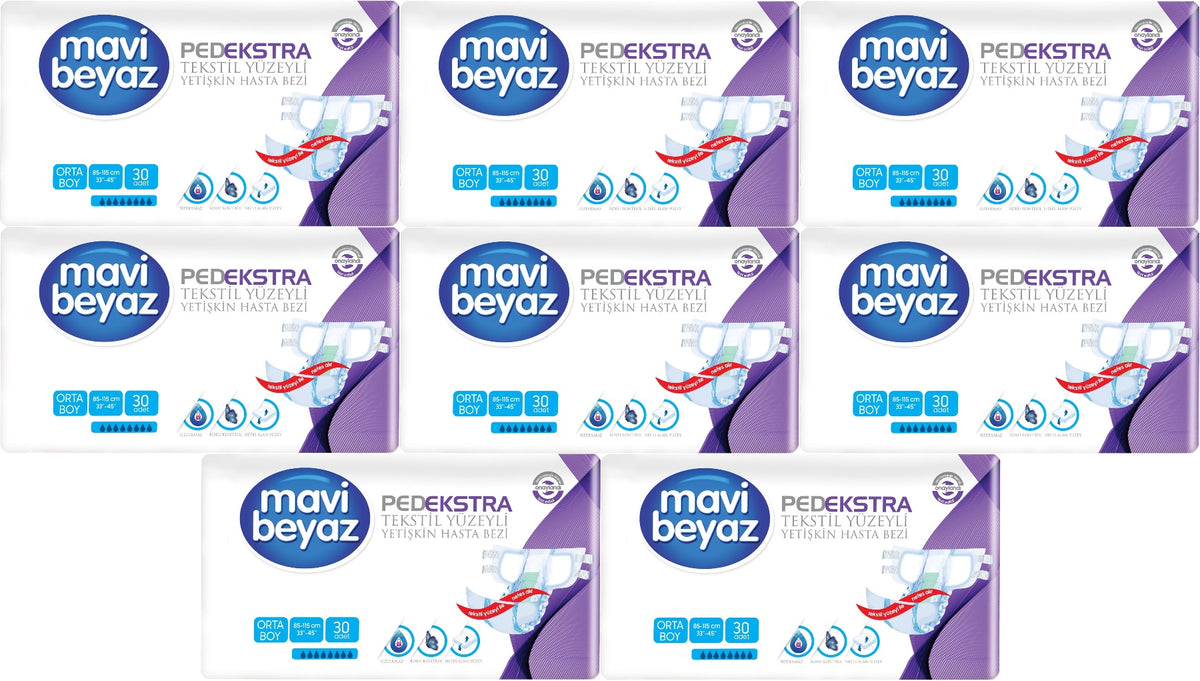 Mavi Beyaz Ped Ekstra Tekstil Yüzeyli Bel Bantlı Yetişkin Bezi M - Medium - Orta 240 Adet