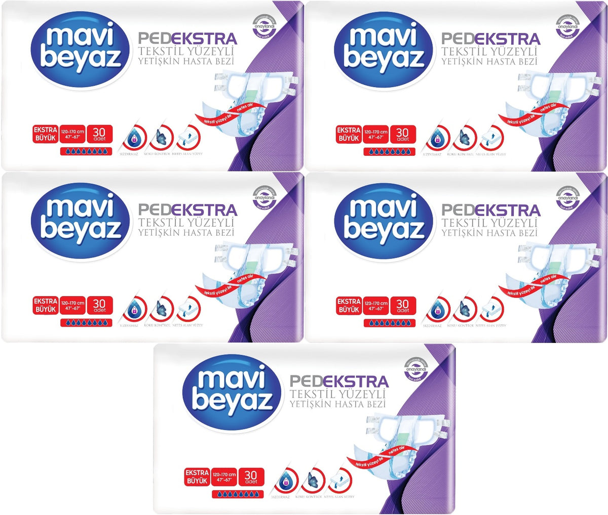 Mavi Beyaz Ped Ekstra Tekstil Yüzeyli Bel Bantlı Yetişkin Bezi XL -Extra Large -Ekstra Büyük 150 Adt