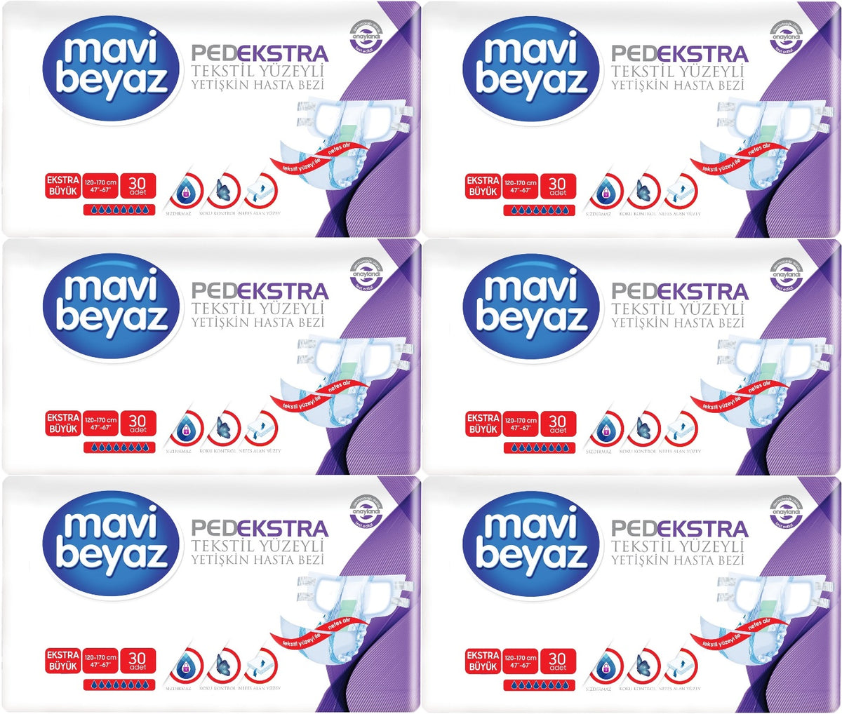 Mavi Beyaz Ped Ekstra Tekstil Yüzeyli Bel Bantlı Yetişkin Bezi XL -Extra Large -Ekstra Büyük 180 Adt