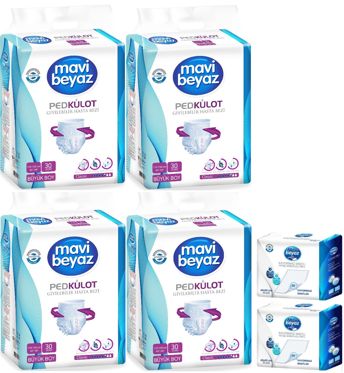 Mavi Beyaz Ped Emici Külot Yetişkin Bezi L -Large Büyük 120 Adet +Yatak Koruyucu Örtü 60x90CM 60 Adt