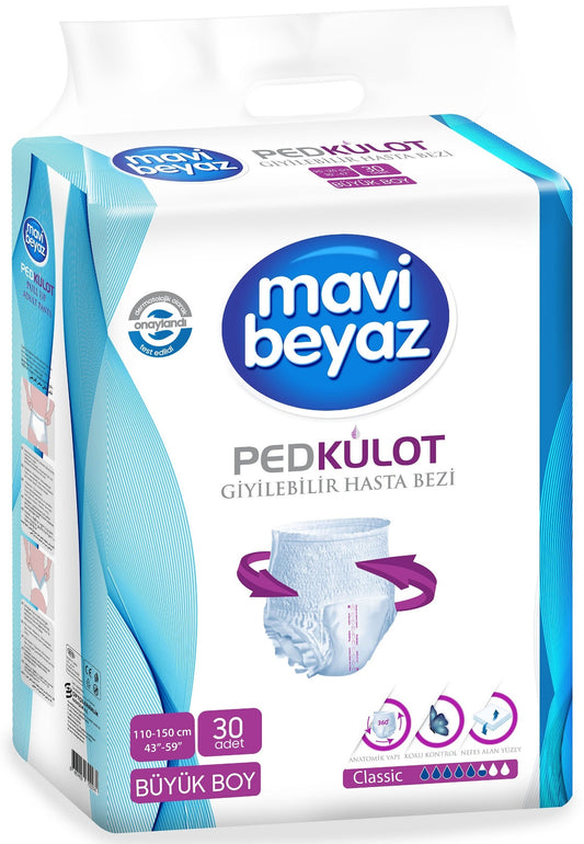 Mavi Beyaz Ped Emici Külot Yetişkin Bezi L - Large - Büyük (30 Adet)