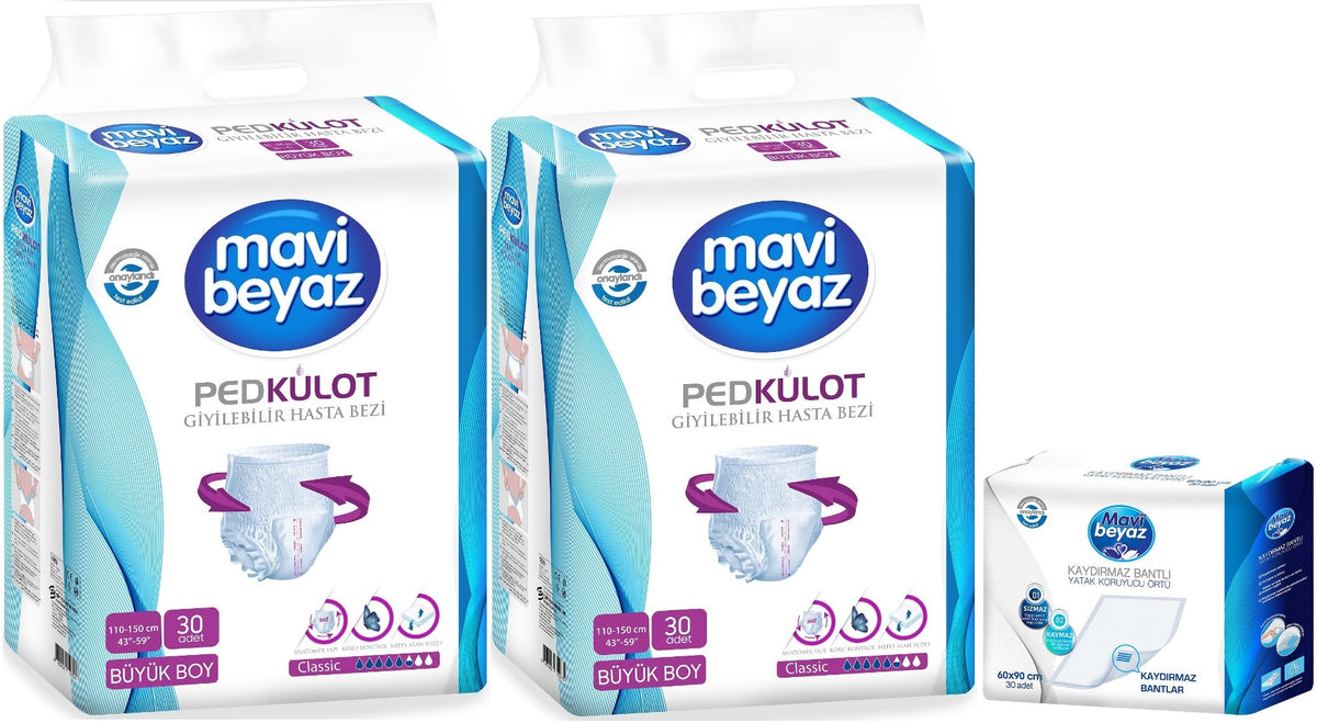 Mavi Beyaz Ped Emici Külot Yetişkin Bezi L -Large Büyük 60 Adet +Yatak Koruyucu Örtü 60x90CM 30 Adet