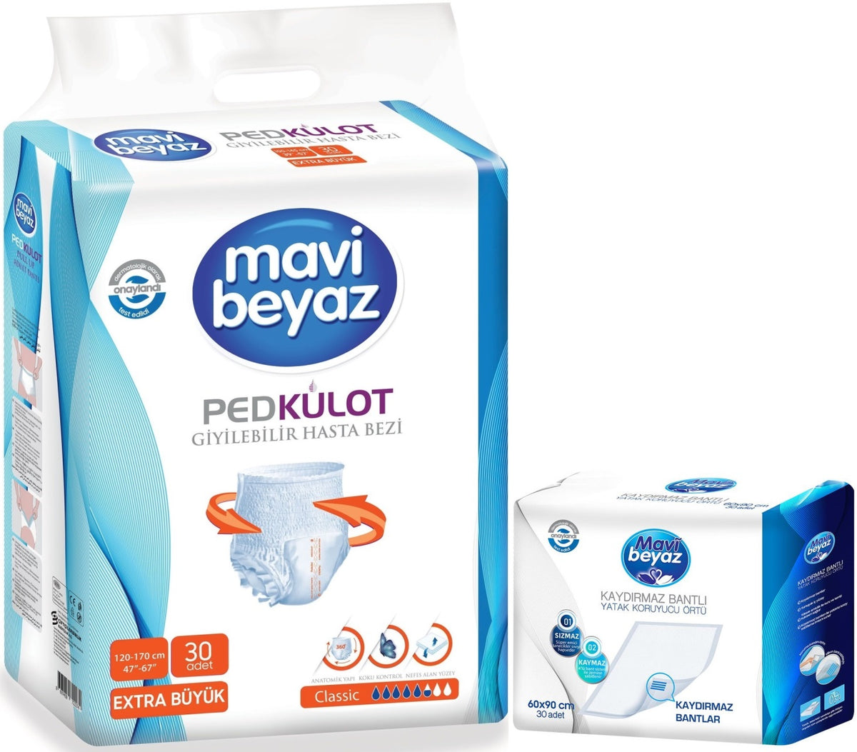 Mavi Beyaz Ped Emici Külot Yetişkin Bezi XL-Ekstra Büyük 30 Adet + Yatak Koruyucu Örtü 60*90CM 30 Adet
