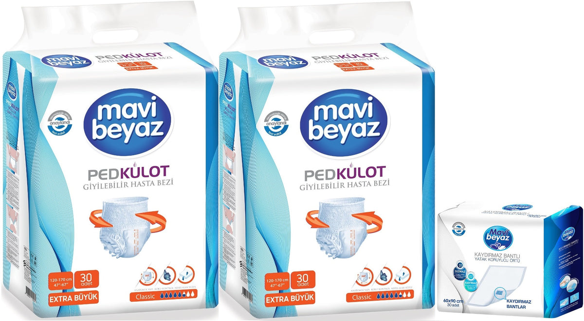 Mavi Beyaz Ped Emici Külot Yetişkin Bezi XL-Ekstra Büyük 60 Adet + Yatak Koruyucu Örtü 60*90CM 30 Adet