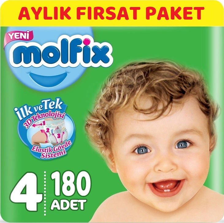 Molfix Bebek Bezi 4 Beden 7-14 KG Maxi 186 Adet Aylık Fırsat Pk + 9 Adet Islak Havlu