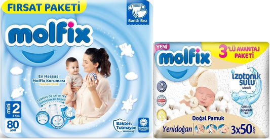 Molfix Bebek Bezi 2 Beden 3-6 KG Mini 80 Adet Fırsat Pk + 3 Adet Islak Mendil