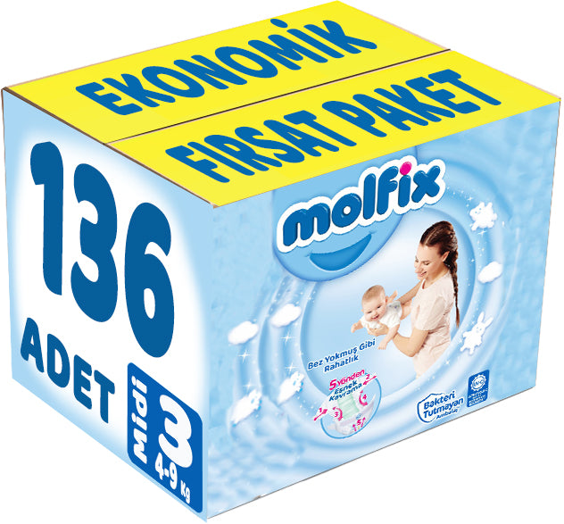 Molfix Bebek Bezi 3 Beden 4-9 KG Midi 136 Adet Ekonomik Fırsat Pk