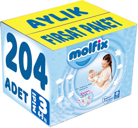Molfix Bebek Bezi 3 Beden 4-9 KG Midi 204 Adet Aylık Fırsat Pk