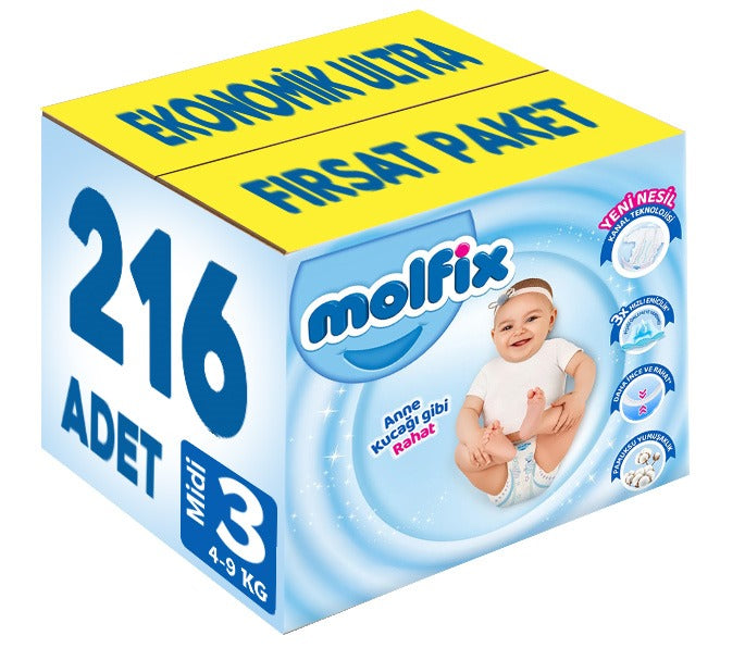 Molfix Bebek Bezi 3 Beden 4-9 KG Midi 216 Adet Ekonomik Ultra Fırsat Pk