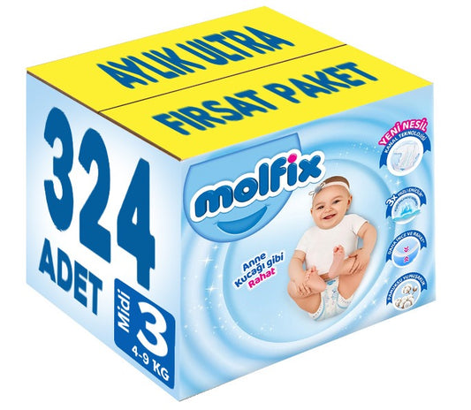 Molfix Bebek Bezi 3 Beden 4-9 KG Midi 324 Adet Aylık Ultra Fırsat Pk