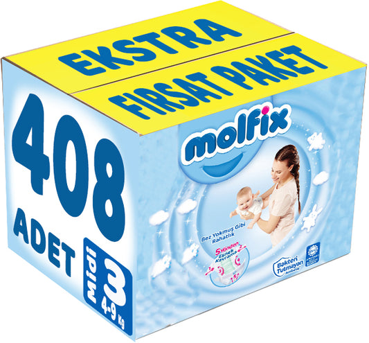 Molfix Bebek Bezi 3 Beden 4-9 KG Midi 408 Adet Ekstra Fırsat Pk