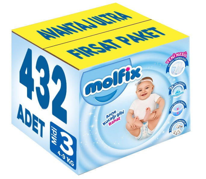 Molfix Bebek Bezi 3 Beden 4-9 KG Midi 432 Adet Avantaj Ultra Fırsat Pk